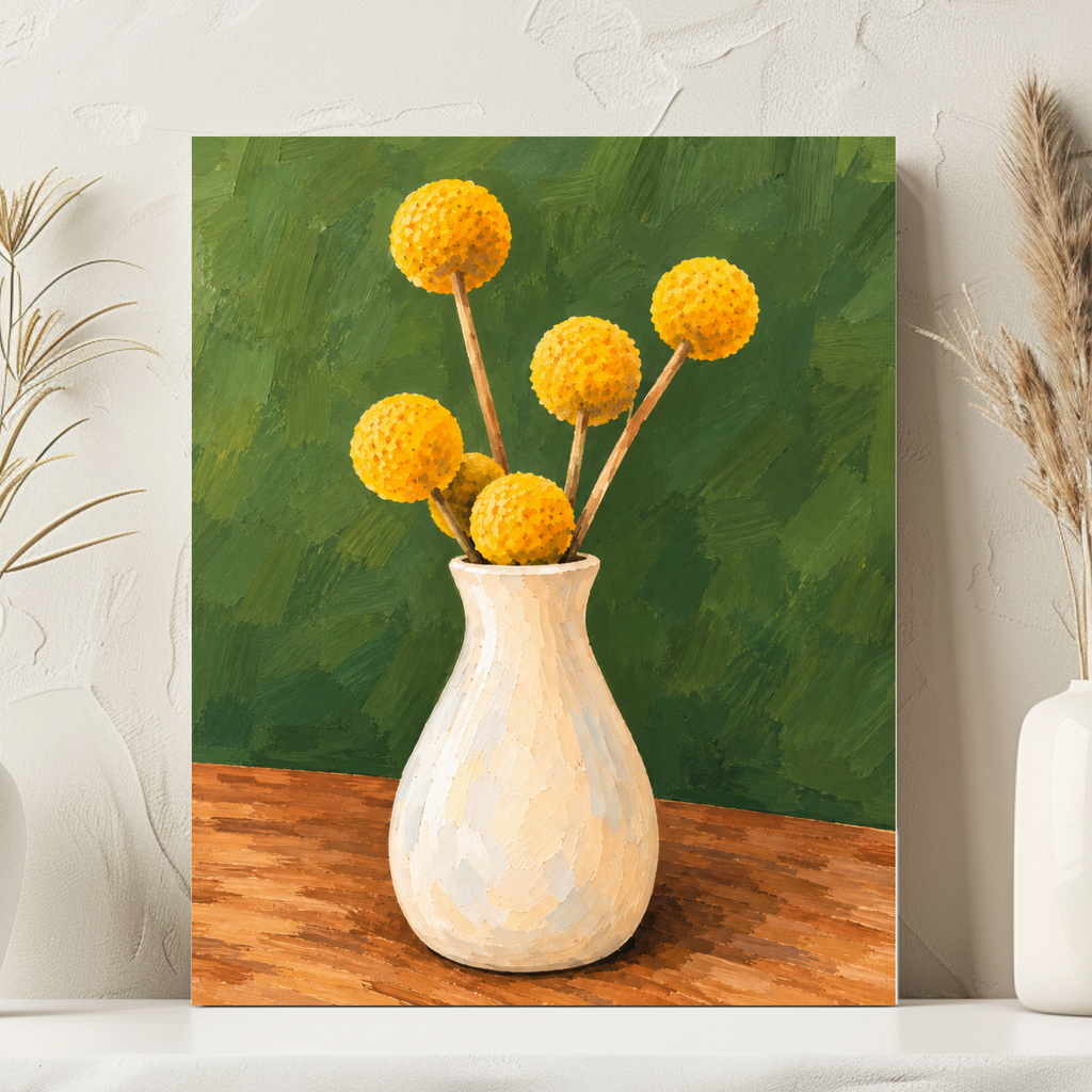 A vertical canvas art print depicting yellow globes on a wooden table in a cream-colored vase against a textured green background, styled on a white surface between two white vases with dried grass.