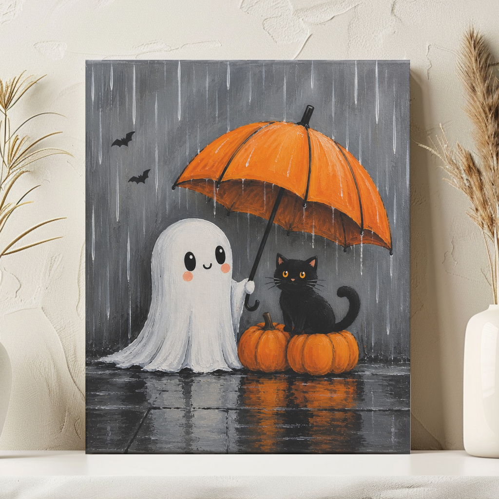 A vertical canvas art print featuring a cute Halloween scene of a white ghost and a black cat under an orange umbrella on pumpkins in the rain, displayed on a shelf between two white vases with dried grass.
