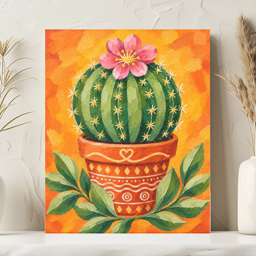 A vertical canvas art print featuring a green cactus with a pink flower in a patterned terracotta pot, displayed on a white shelf between two white vases with dried grass.